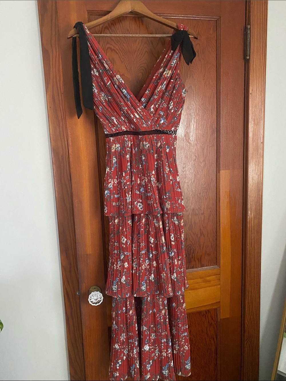 Lulu's Red Floral Tiered Maxi with Black Tie Straps